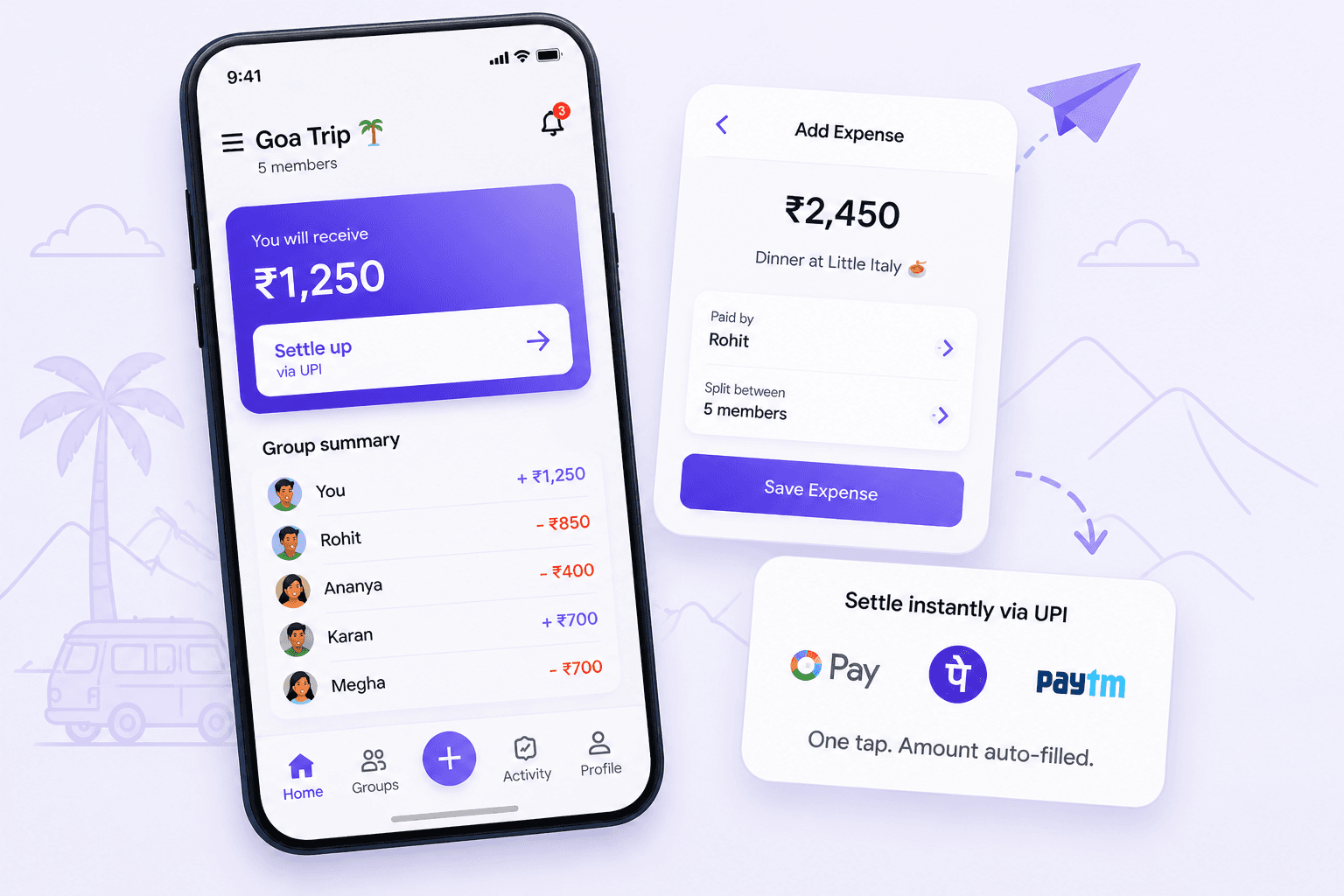 SpendSync app — group expense balances and UPI settlement