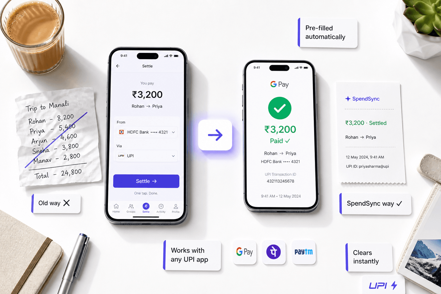 SpendSync UPI settlement — tap Settle and GPay opens with amount pre-filled